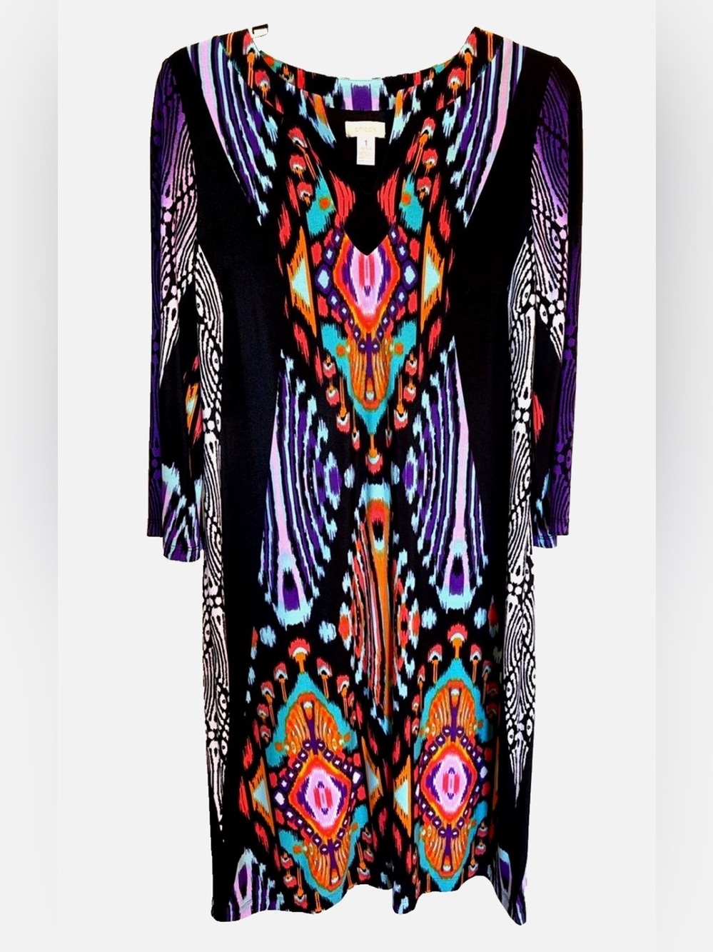 Chico’s Ikat Geometric Print Dress Size 1 M Black Purple Orange V Neck